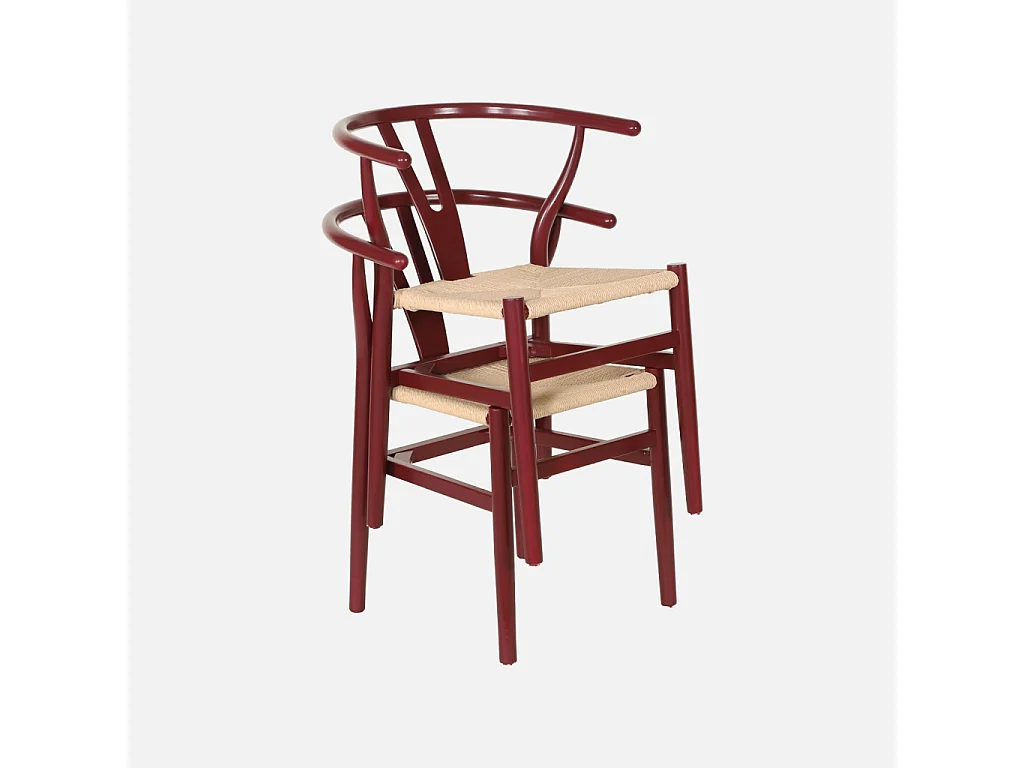Silla de madera con asiento de cuerda, set de 2 burdeos