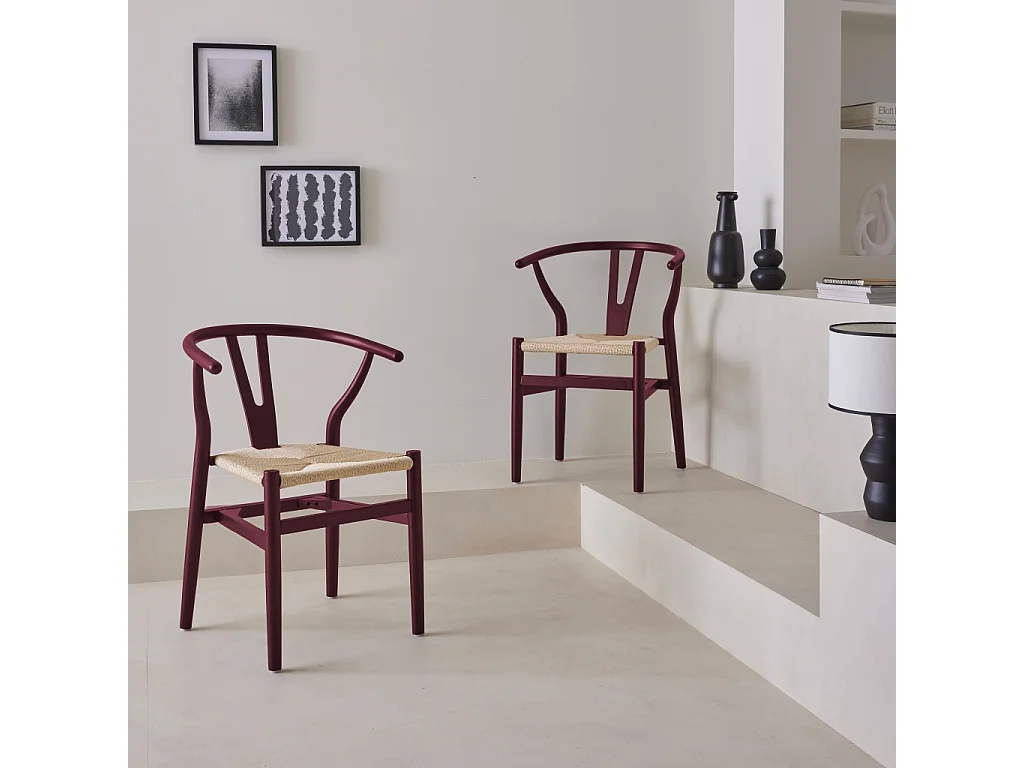 Silla de madera con asiento de cuerda, set de 2 burdeos