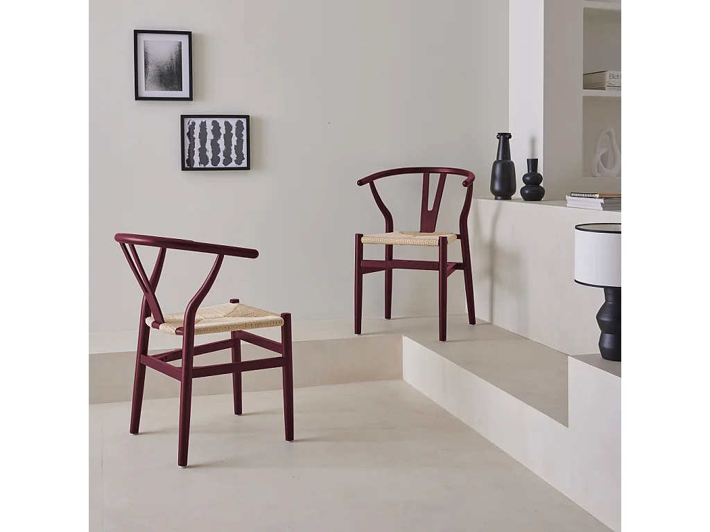 Silla de madera con asiento de cuerda, set de 2 burdeos