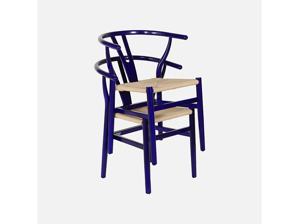 Silla de madera con asiento de cuerda, set de 2 azul