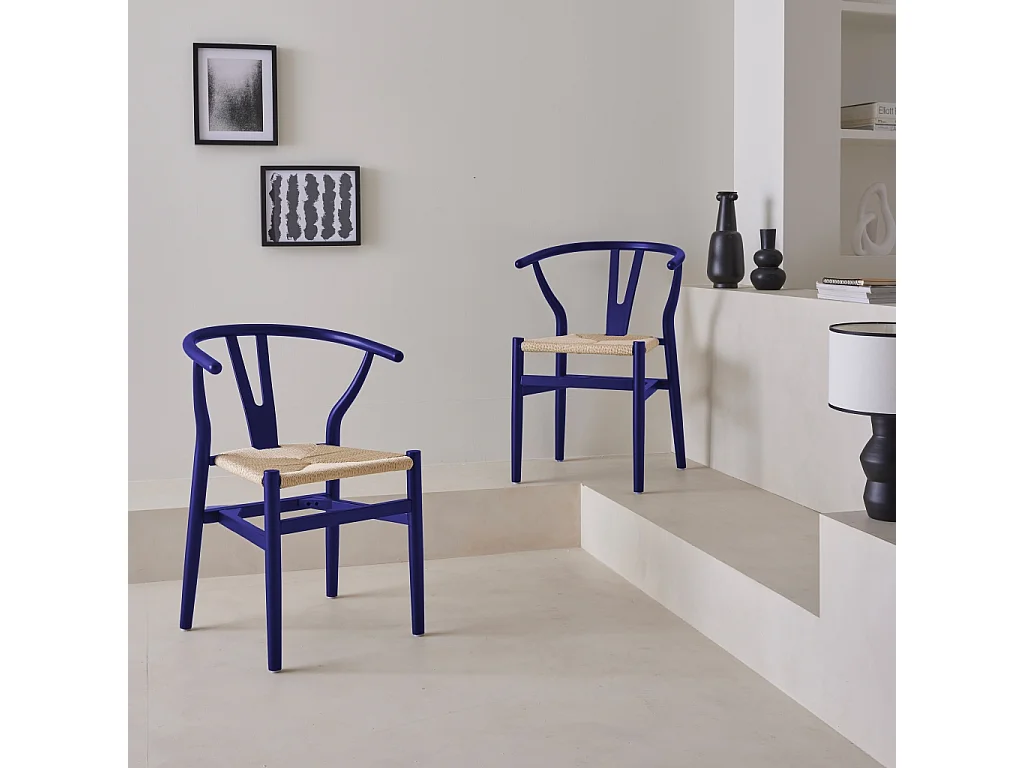 Silla de madera con asiento de cuerda, set de 2 azul