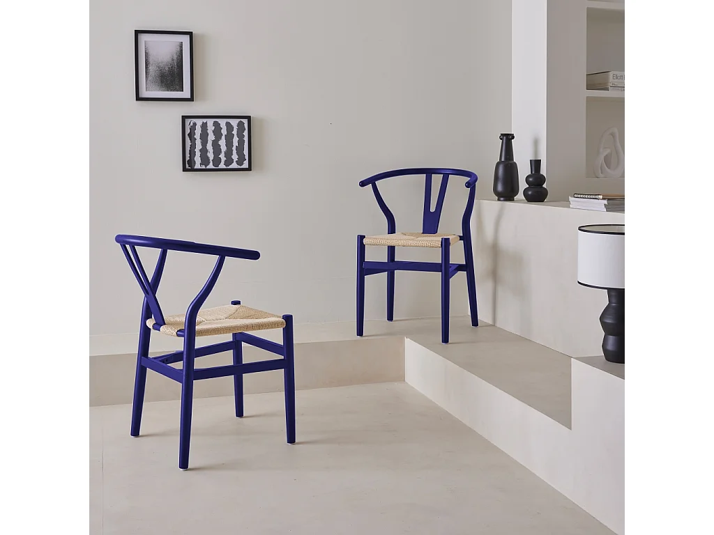 Silla de madera con asiento de cuerda, set de 2 azul