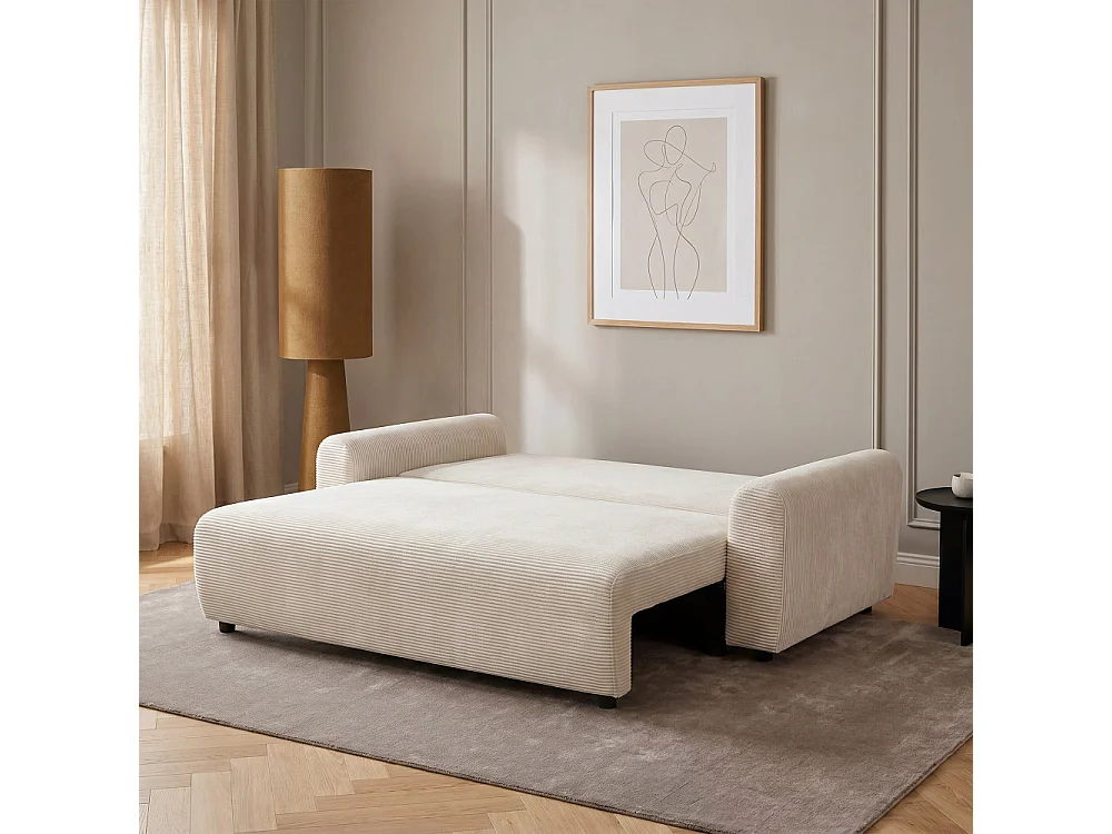 Pol - Canapé convertible 3 places en velours côtelé - Beige