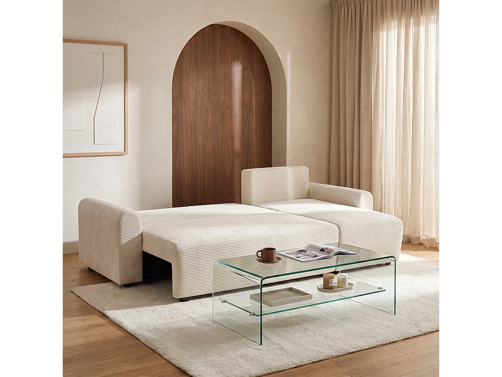 Pol - Canapé d'angle convertible réversible 4 places en velours côtelé - Beige