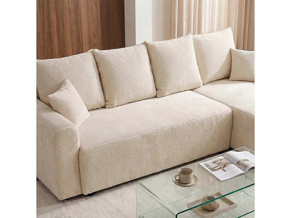 Pol - Canapé d'angle convertible réversible 4 places en velours côtelé - Beige