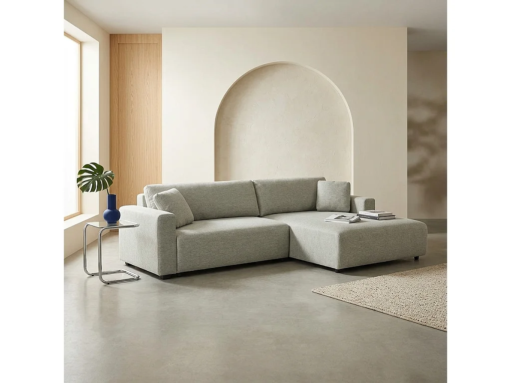 Canapé d'angle droit convertible 3 places tissu avec coffre gris clair - Wide