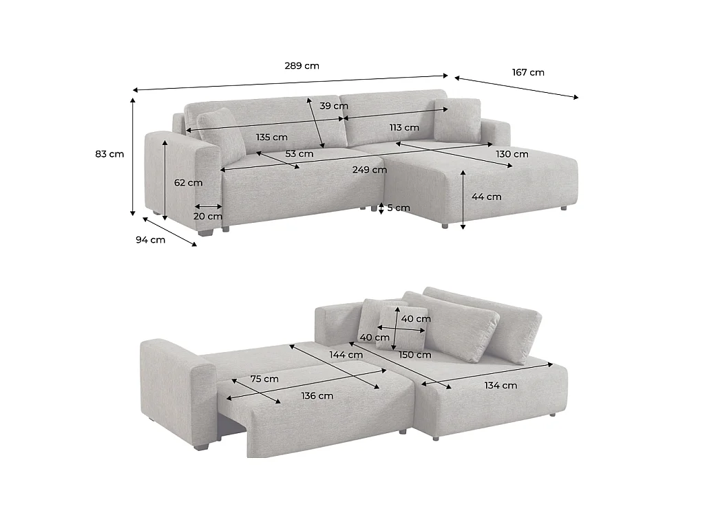 Canapé d'angle droit convertible 3 places tissu avec coffre gris clair - Wide