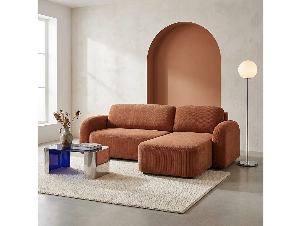 Divano angolare in tessuto con vano contenitore, 3 posti, terracotta