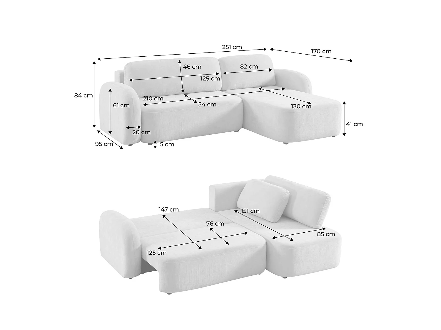 Canapé d'angle convertible 3 places réversible avec coffre en tissu blanc NOUMA