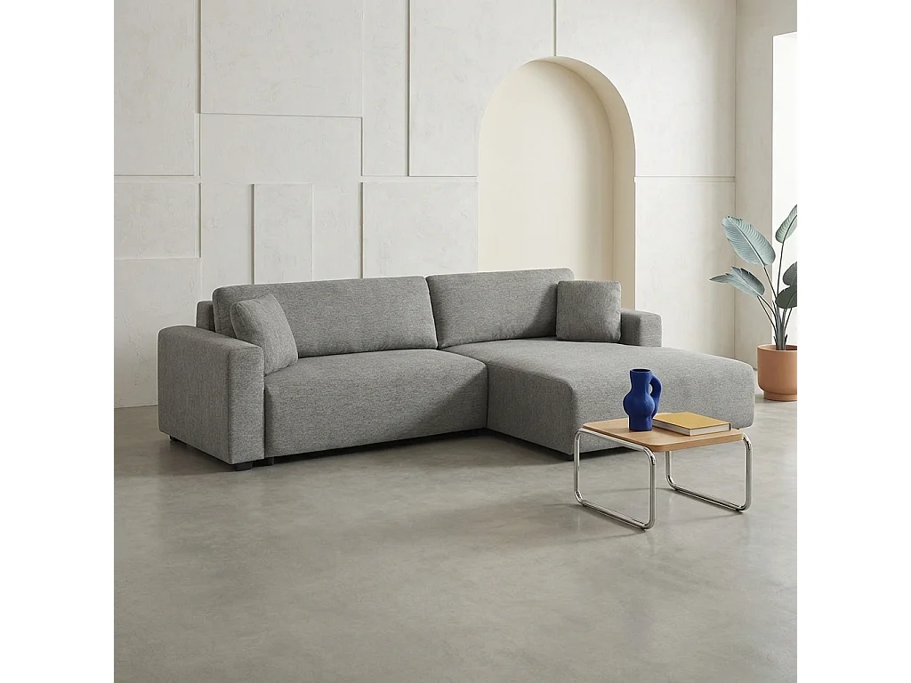 Canapé d'angle droit convertible 3 places tissu avec coffre gris foncé - Wide