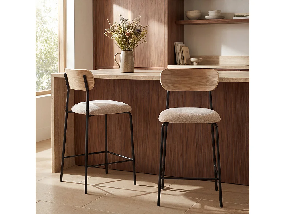 Jess - Lot de 2 chaises de bar bois clair tissu et métal H65cm - Beige