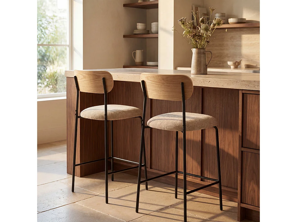 Jess - Lot de 2 chaises de bar bois clair tissu et métal H65cm - Beige
