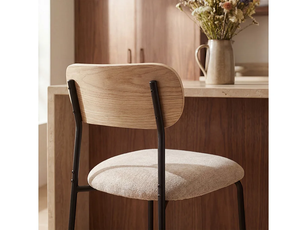 Jess - Lot de 2 chaises de bar bois clair tissu et métal H65cm - Beige