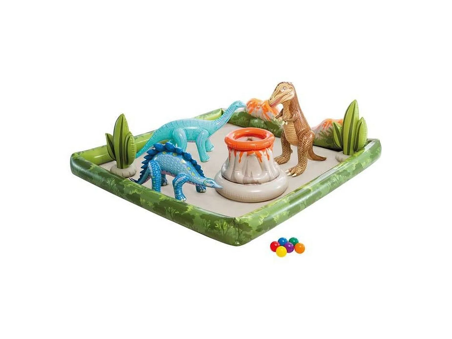 Aire de jeux gonflable Dino Aventure 410 L - 201 x 201 x 36 cm - 3 dinosaures, 2 cactus, volcan