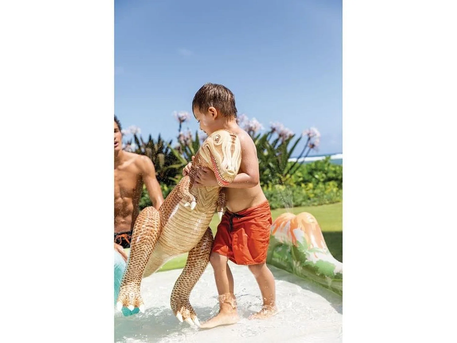 Aire de jeux gonflable Dino Aventure 410 L - 201 x 201 x 36 cm - 3 dinosaures, 2 cactus, volcan