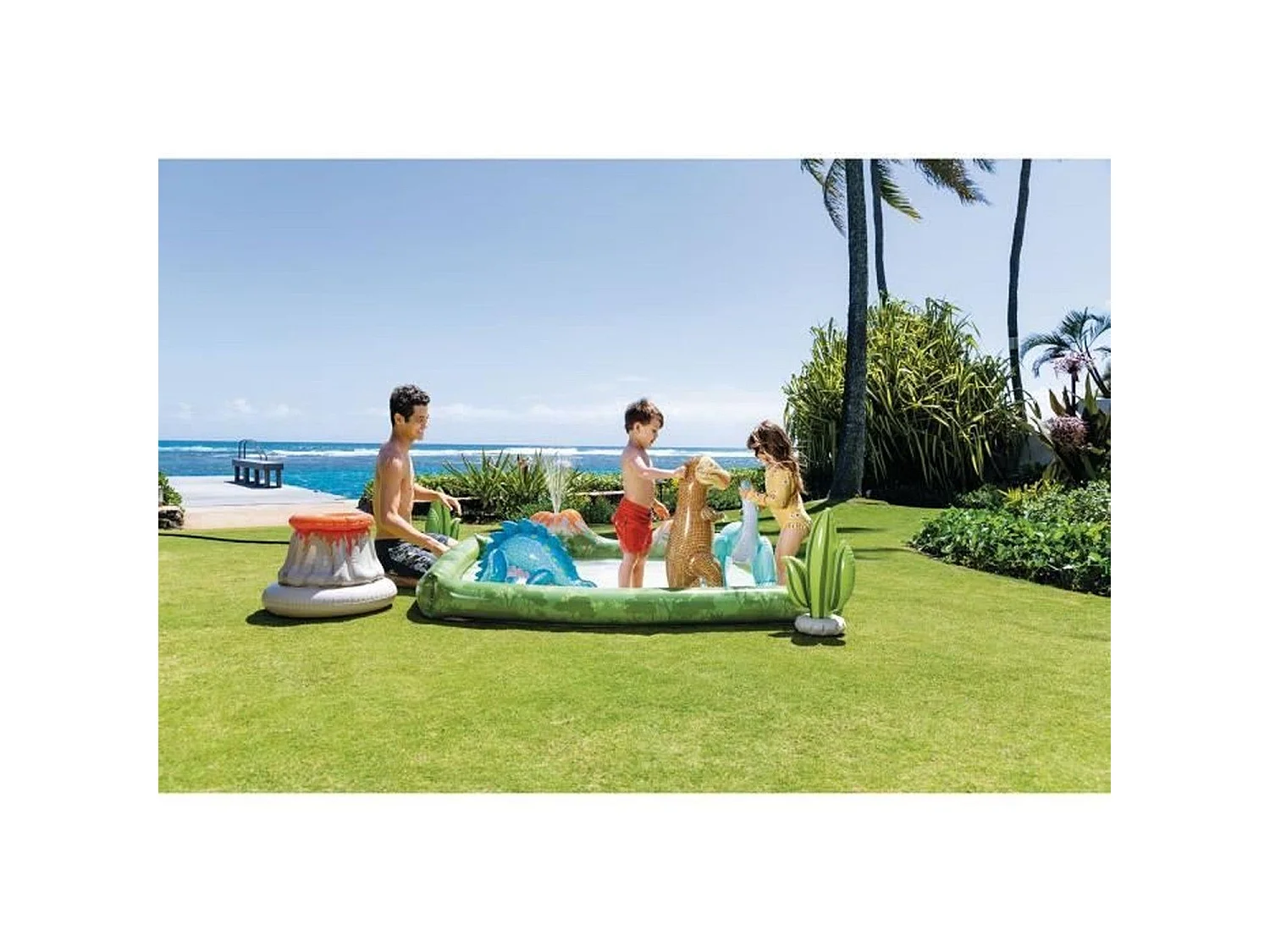 Aire de jeux gonflable Dino Aventure 410 L - 201 x 201 x 36 cm - 3 dinosaures, 2 cactus, volcan