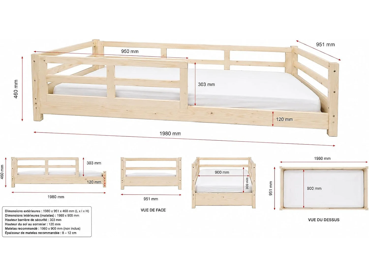 Lit Enfant 90x190 cm avec Barrières de Sécurité - Montessori– Lit au Sol en Bois Massif Naturel – Style Scandinave Mixte Fille & Garçon – Sommier Inclus – Chambre E