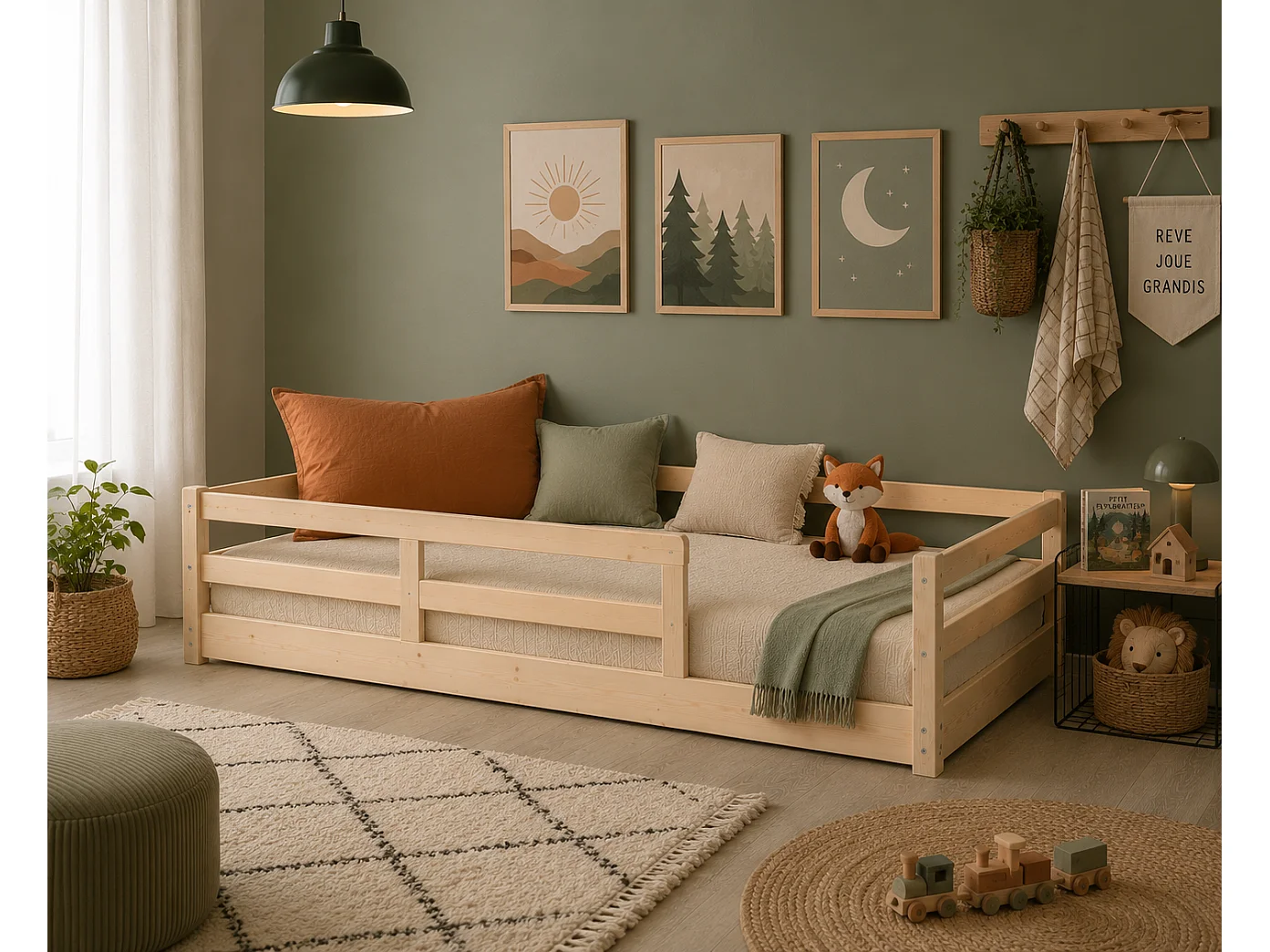 Lit Enfant 90x190 cm avec Barrières de Sécurité - Montessori– Lit au Sol en Bois Massif Naturel – Style Scandinave Mixte Fille & Garçon – Sommier Inclus – Chambre E