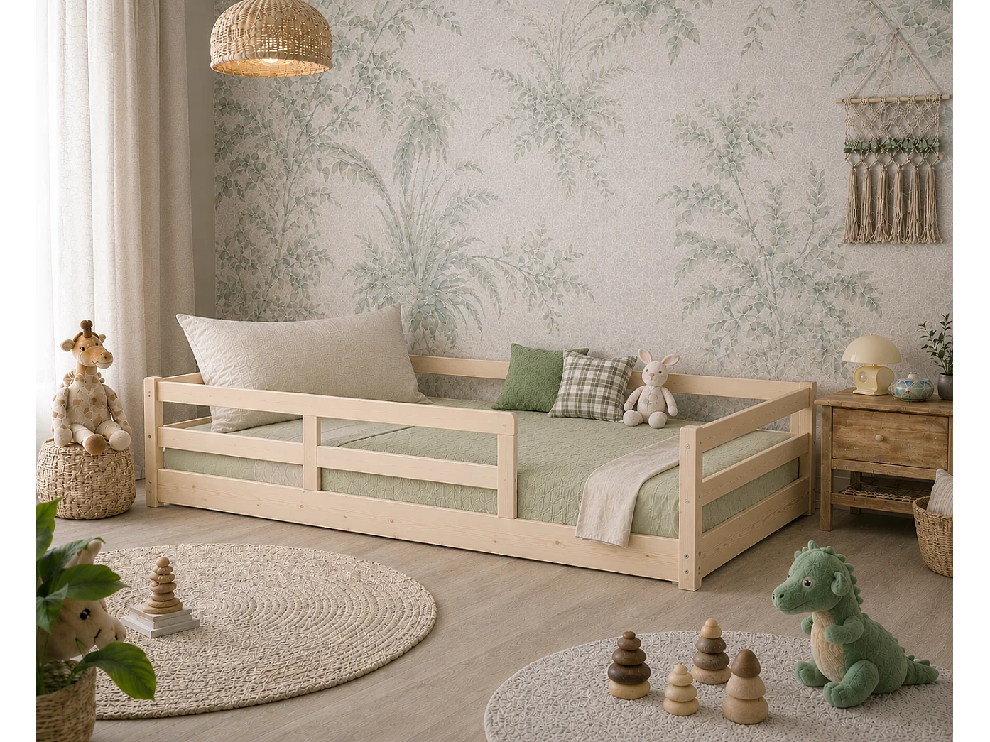 Lit Enfant 90x190 cm avec Barrières de Sécurité - Montessori– Lit au Sol en Bois Massif Naturel – Style Scandinave Mixte Fille & Garçon – Sommier Inclus – Chambre E