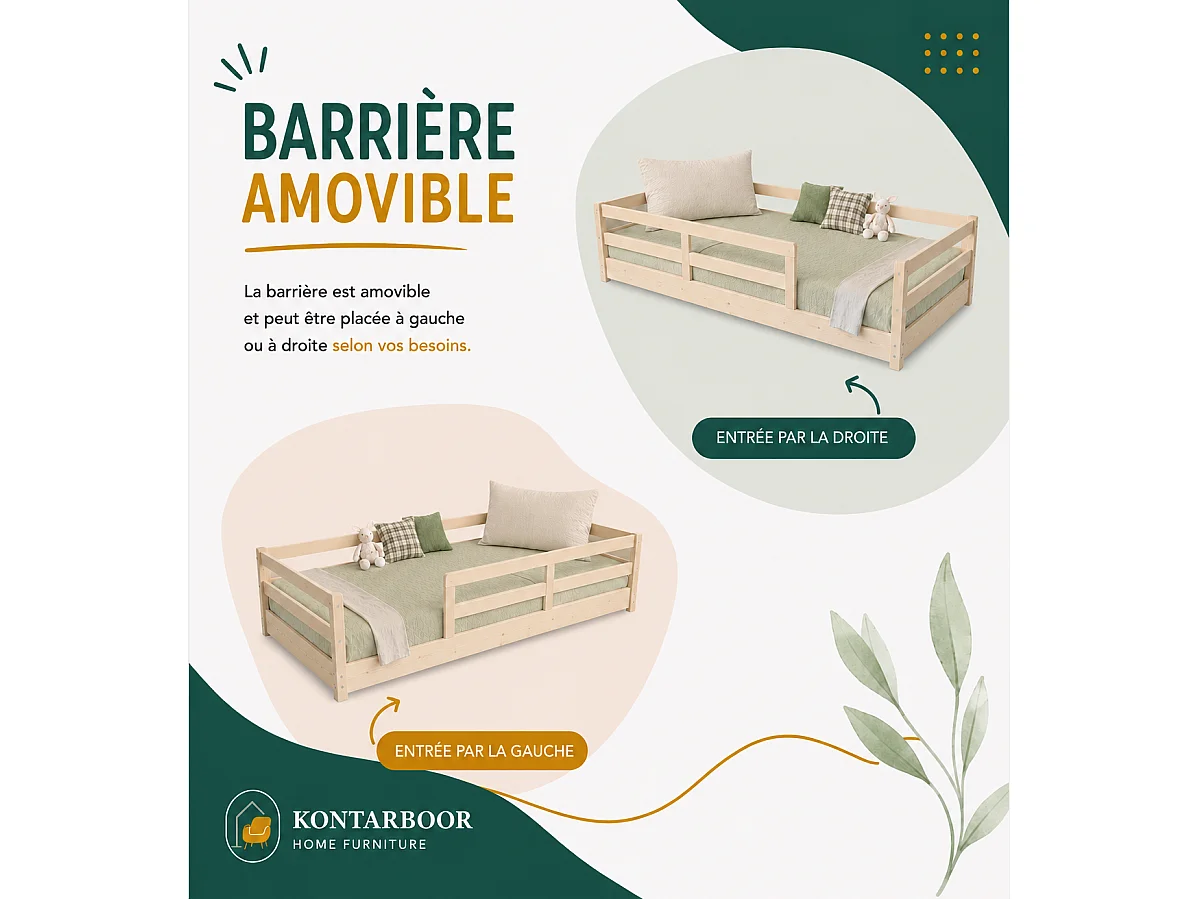 Lit Enfant 90x190 cm avec Barrières de Sécurité - Montessori– Lit au Sol en Bois Massif Naturel – Style Scandinave Mixte Fille & Garçon – Sommier Inclus – Chambre E