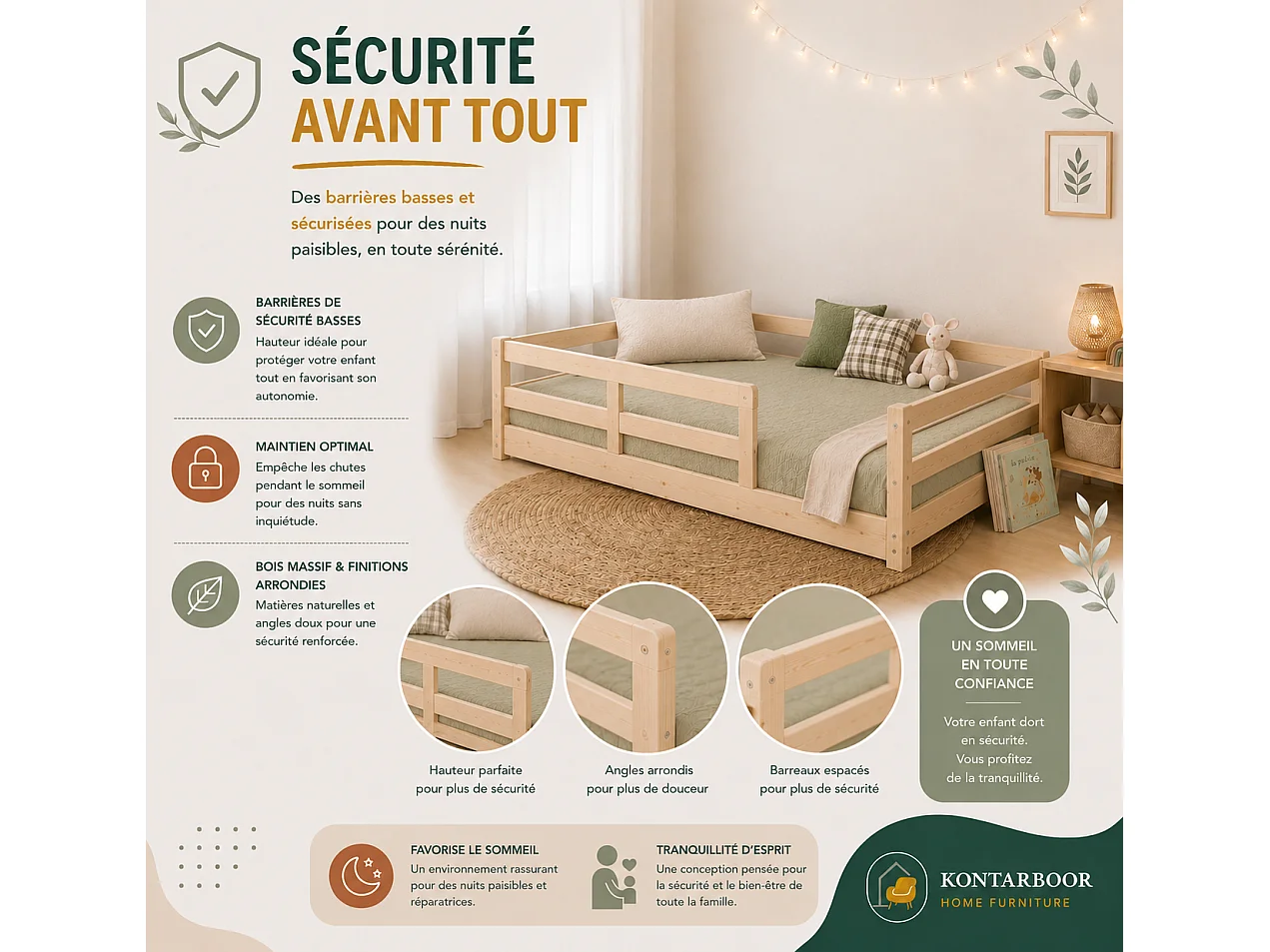 Lit Enfant 90x190 cm avec Barrières de Sécurité - Montessori– Lit au Sol en Bois Massif Naturel – Style Scandinave Mixte Fille & Garçon – Sommier Inclus – Chambre E