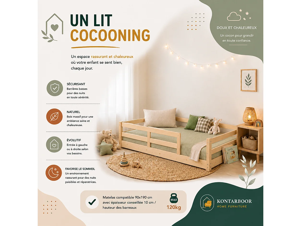 Lit Enfant 90x190 cm avec Barrières de Sécurité - Montessori– Lit au Sol en Bois Massif Naturel – Style Scandinave Mixte Fille & Garçon – Sommier Inclus – Chambre E