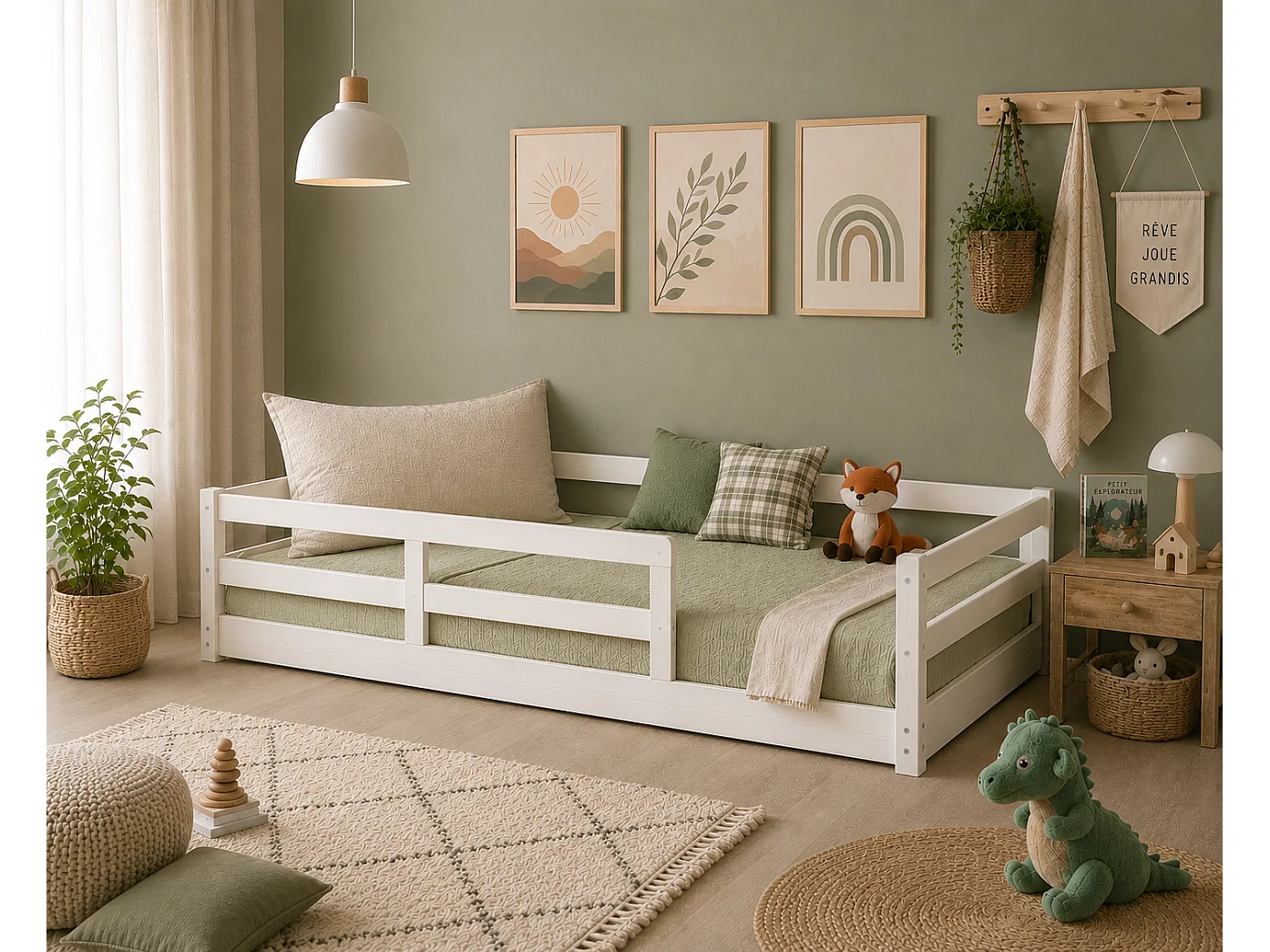 Lit Enfant 90x190 cm Blanc avec Barrières de Sécurité - Montessori – Lit au Sol en Bois Massif Naturel – Style Scandinave Mixte Fille & Garçon – Sommier Inclus – Ch