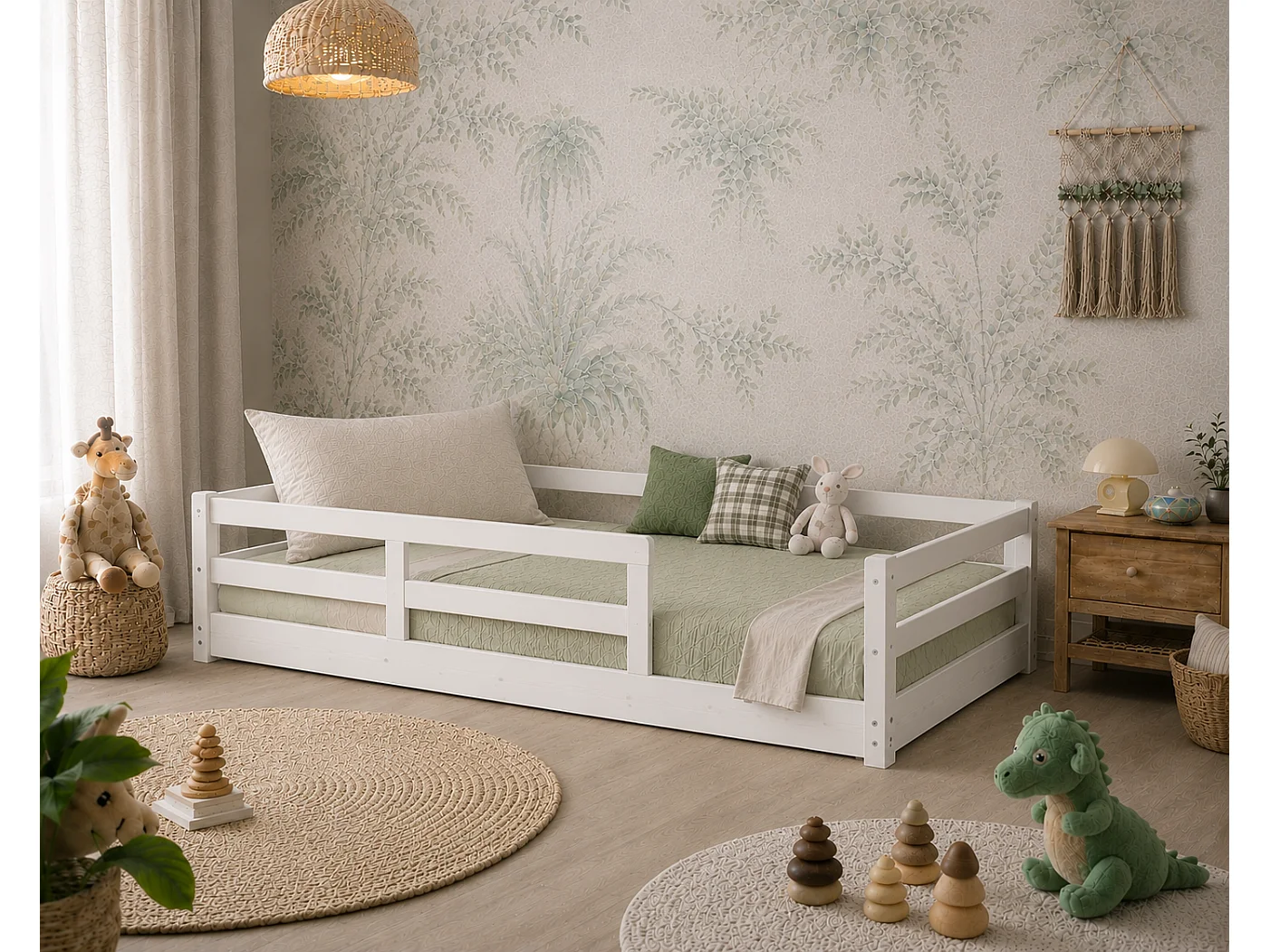 Lit Enfant 90x190 cm Blanc avec Barrières de Sécurité - Montessori – Lit au Sol en Bois Massif Naturel – Style Scandinave Mixte Fille & Garçon – Sommier Inclus – Ch