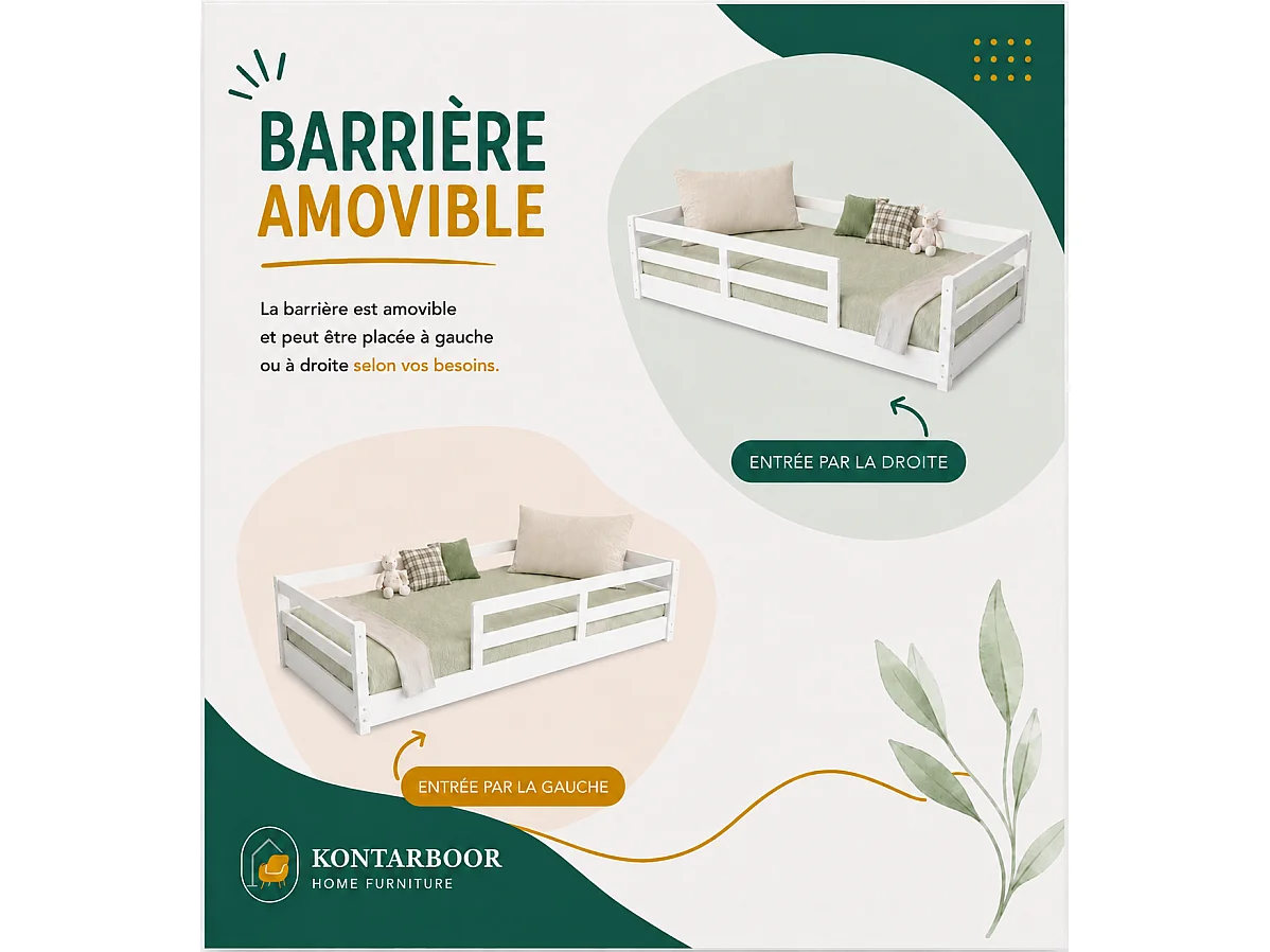 Lit Enfant 90x190 cm Blanc avec Barrières de Sécurité - Montessori – Lit au Sol en Bois Massif Naturel – Style Scandinave Mixte Fille & Garçon – Sommier Inclus – Ch