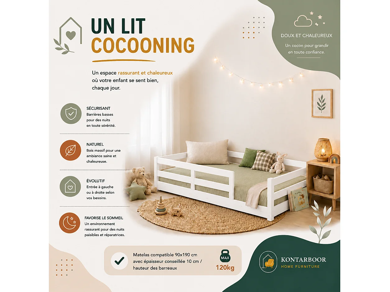 Lit Enfant 90x190 cm Blanc avec Barrières de Sécurité - Montessori – Lit au Sol en Bois Massif Naturel – Style Scandinave Mixte Fille & Garçon – Sommier Inclus – Ch