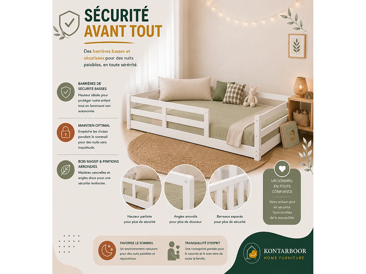 Lit Enfant 90x190 cm Blanc avec Barrières de Sécurité - Montessori – Lit au Sol en Bois Massif Naturel – Style Scandinave Mixte Fille & Garçon – Sommier Inclus – Ch