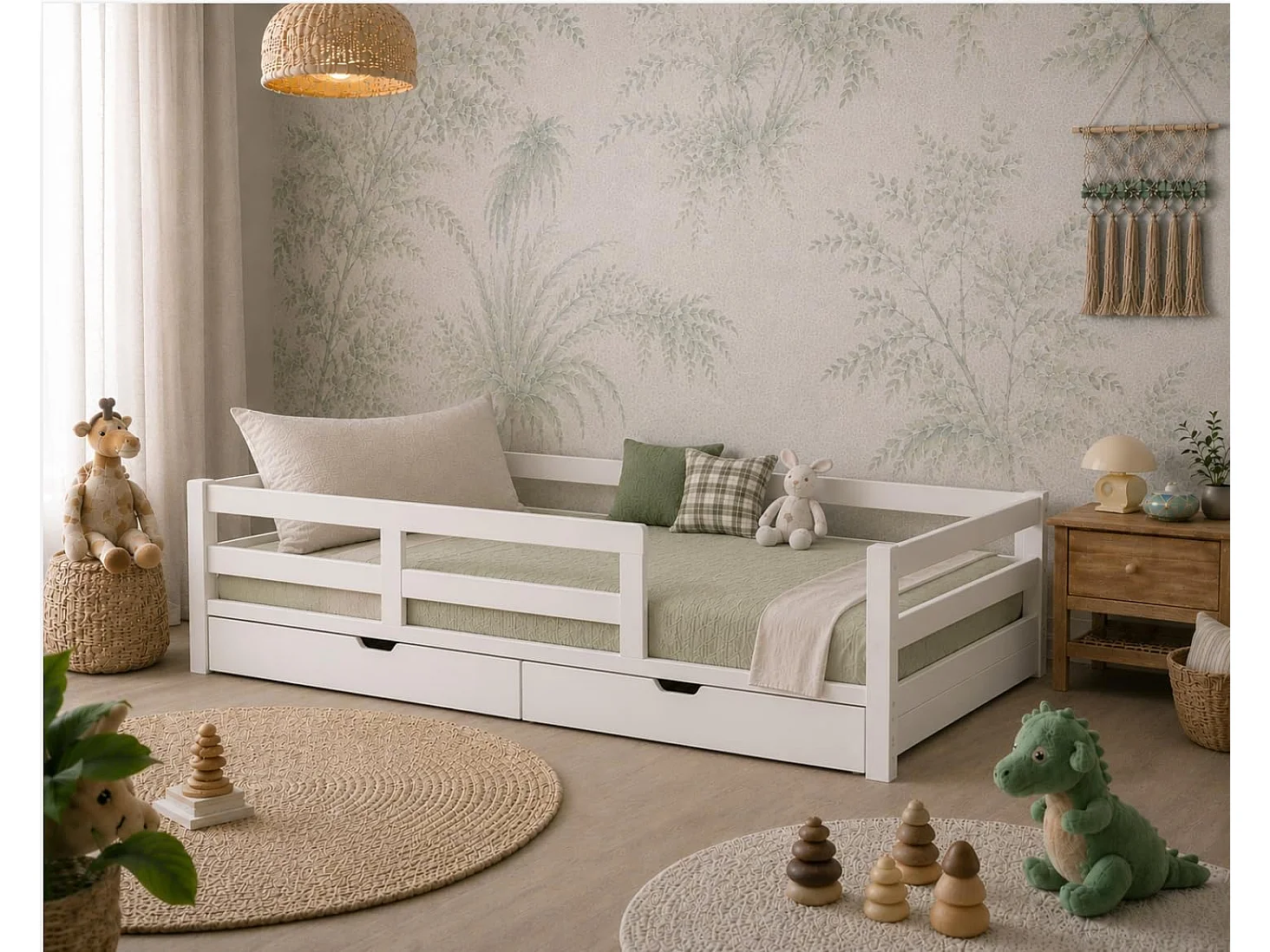 Lit Enfant 90x190 cm Blanc avec Barrières de Sécurité et Tiroirs - Montessori– Lit au Sol en Bois Massif Naturel – Style Scandinave Mixte Fille & Garçon – Sommier I