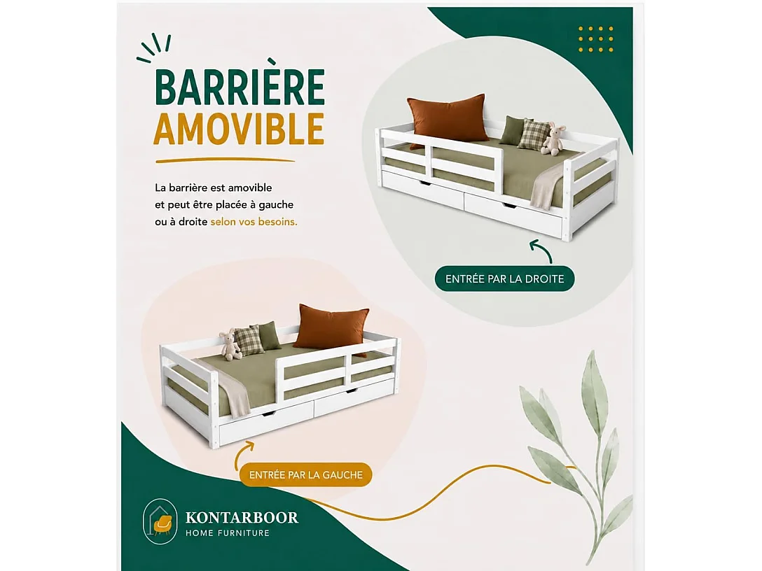 Lit Enfant 90x190 cm Blanc avec Barrières de Sécurité et Tiroirs - Montessori– Lit au Sol en Bois Massif Naturel – Style Scandinave Mixte Fille & Garçon – Sommier I