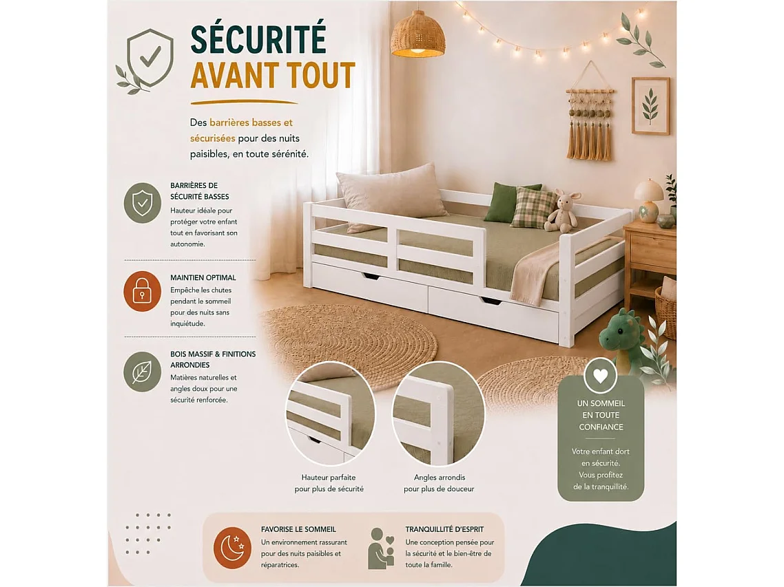 Lit Enfant 90x190 cm Blanc avec Barrières de Sécurité et Tiroirs - Montessori– Lit au Sol en Bois Massif Naturel – Style Scandinave Mixte Fille & Garçon – Sommier I