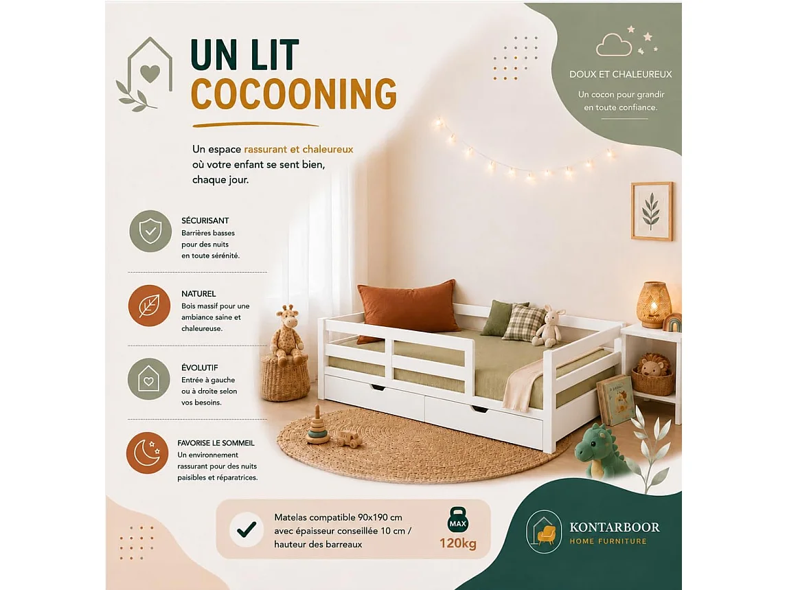 Lit Enfant 90x190 cm Blanc avec Barrières de Sécurité et Tiroirs - Montessori– Lit au Sol en Bois Massif Naturel – Style Scandinave Mixte Fille & Garçon – Sommier I