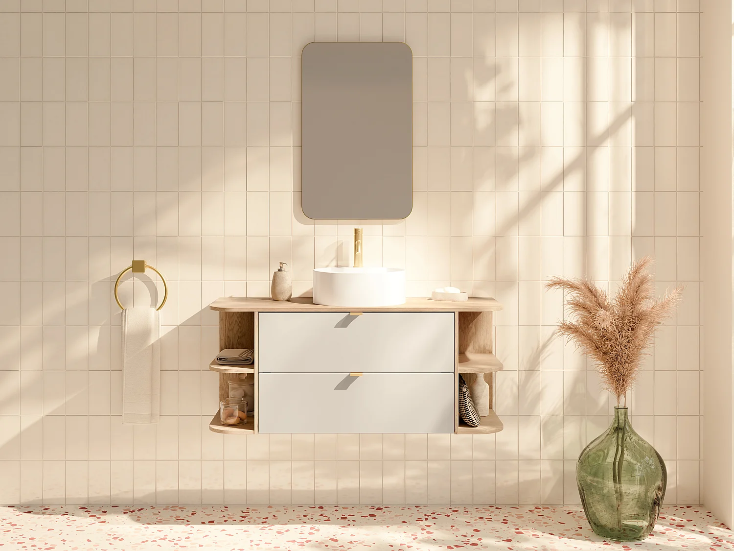 Mobile sotto lavabo sospeso con nicchie Beige e Naturale chiaro 120 cm - LAVENA