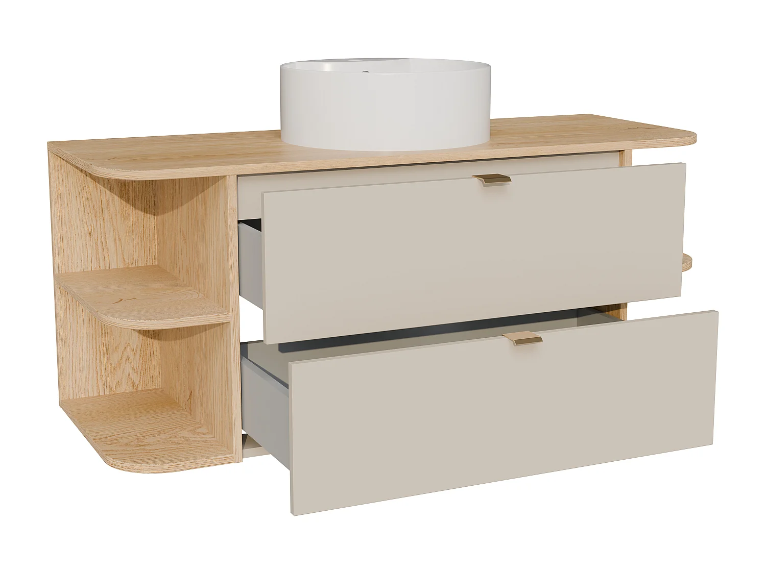 Meuble de salle de bain suspendu avec niches et vasque à poser ronde - Beige et naturel clair - 120 cm - LAVENA