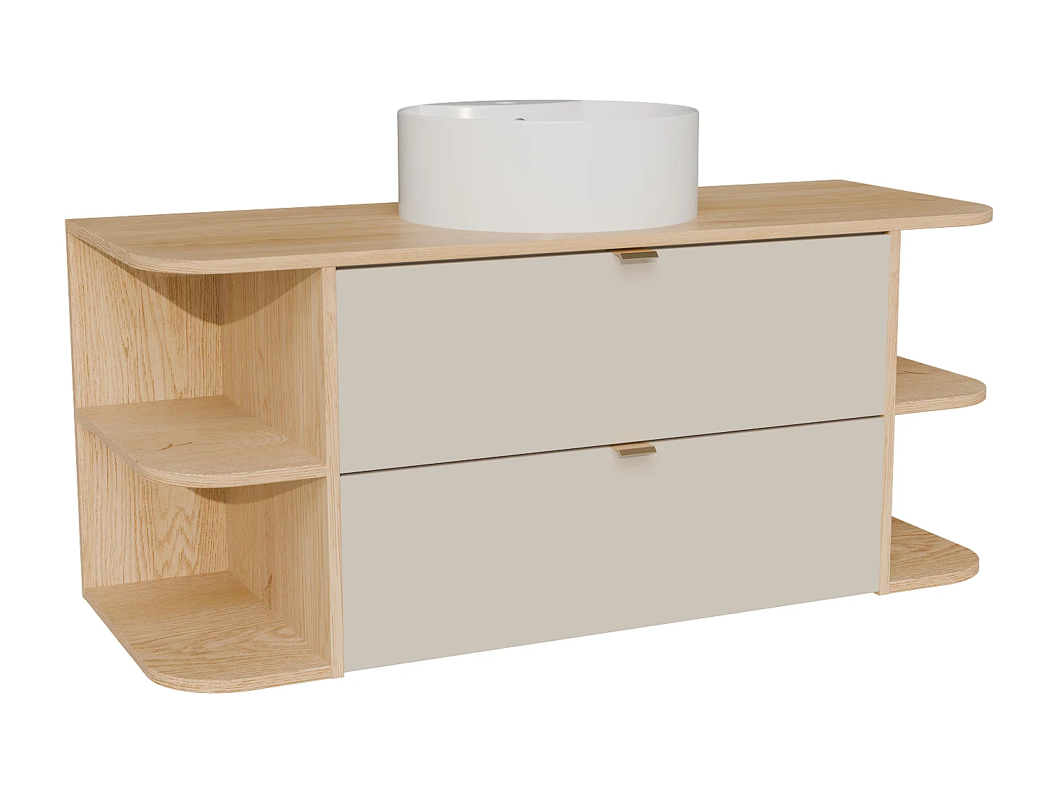 Meuble de salle de bain suspendu avec niches et vasque à poser ronde - Beige et naturel clair - 120 cm - LAVENA