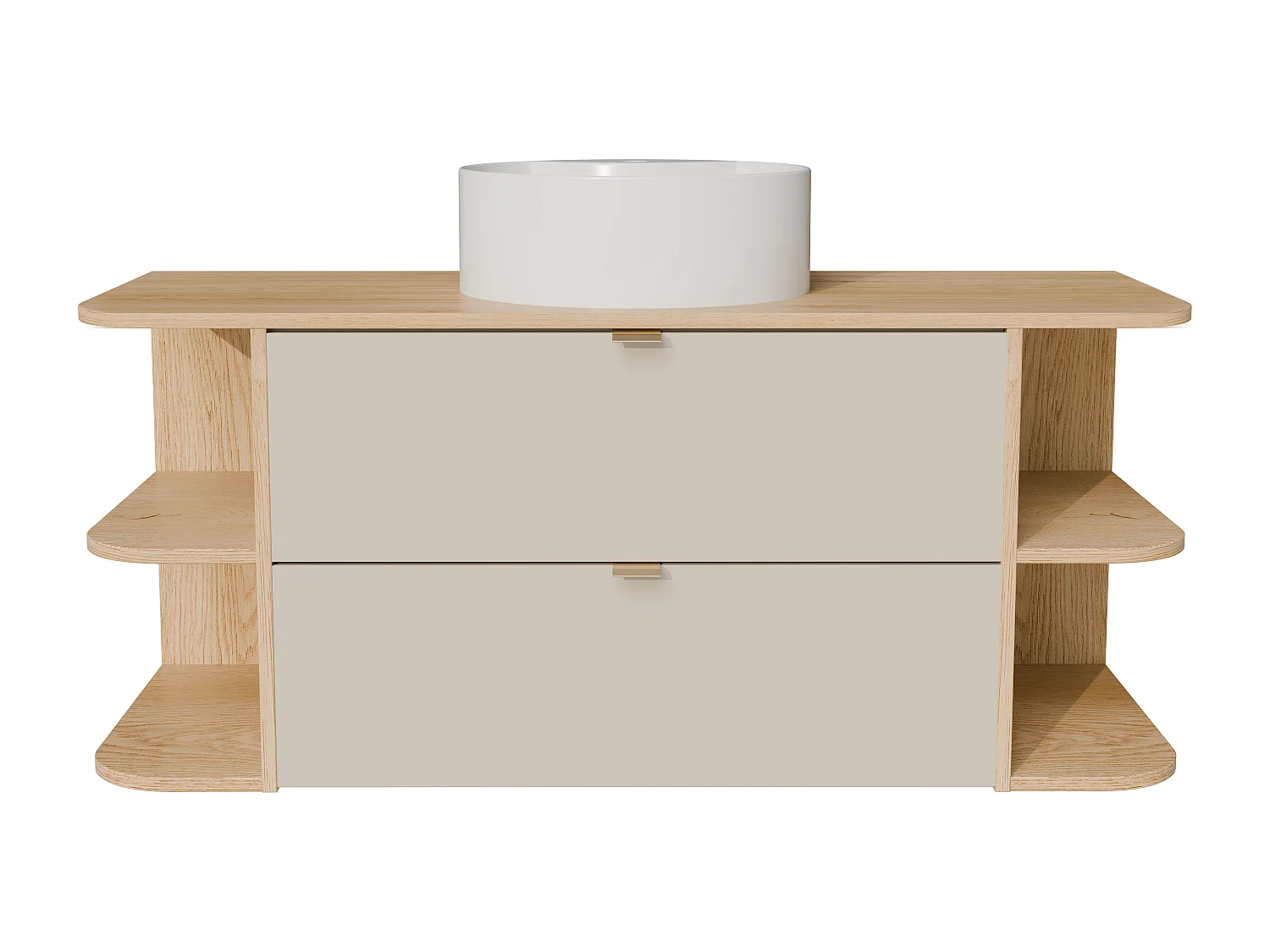 Meuble de salle de bain suspendu avec niches et vasque à poser ronde - Beige et naturel clair - 120 cm - LAVENA