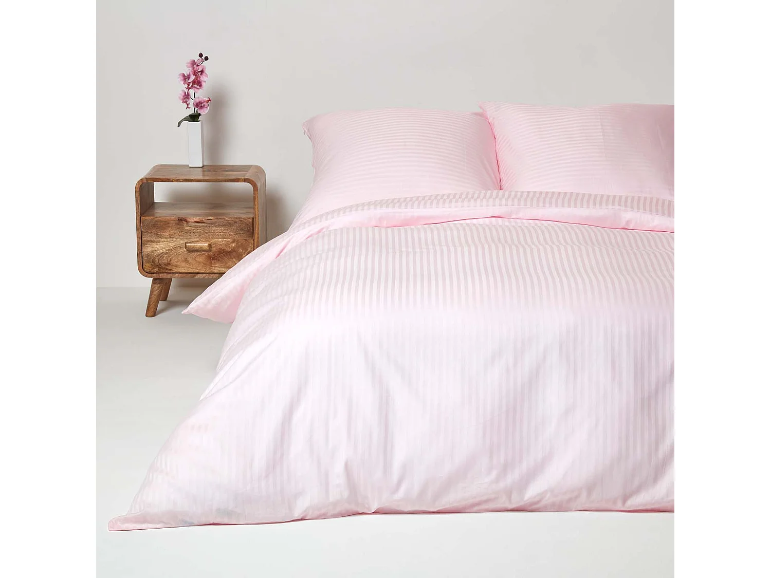 Parure de lit satin rayé en coton égyptien 330 fils rose, 155x220cm - HOMESCAPES
