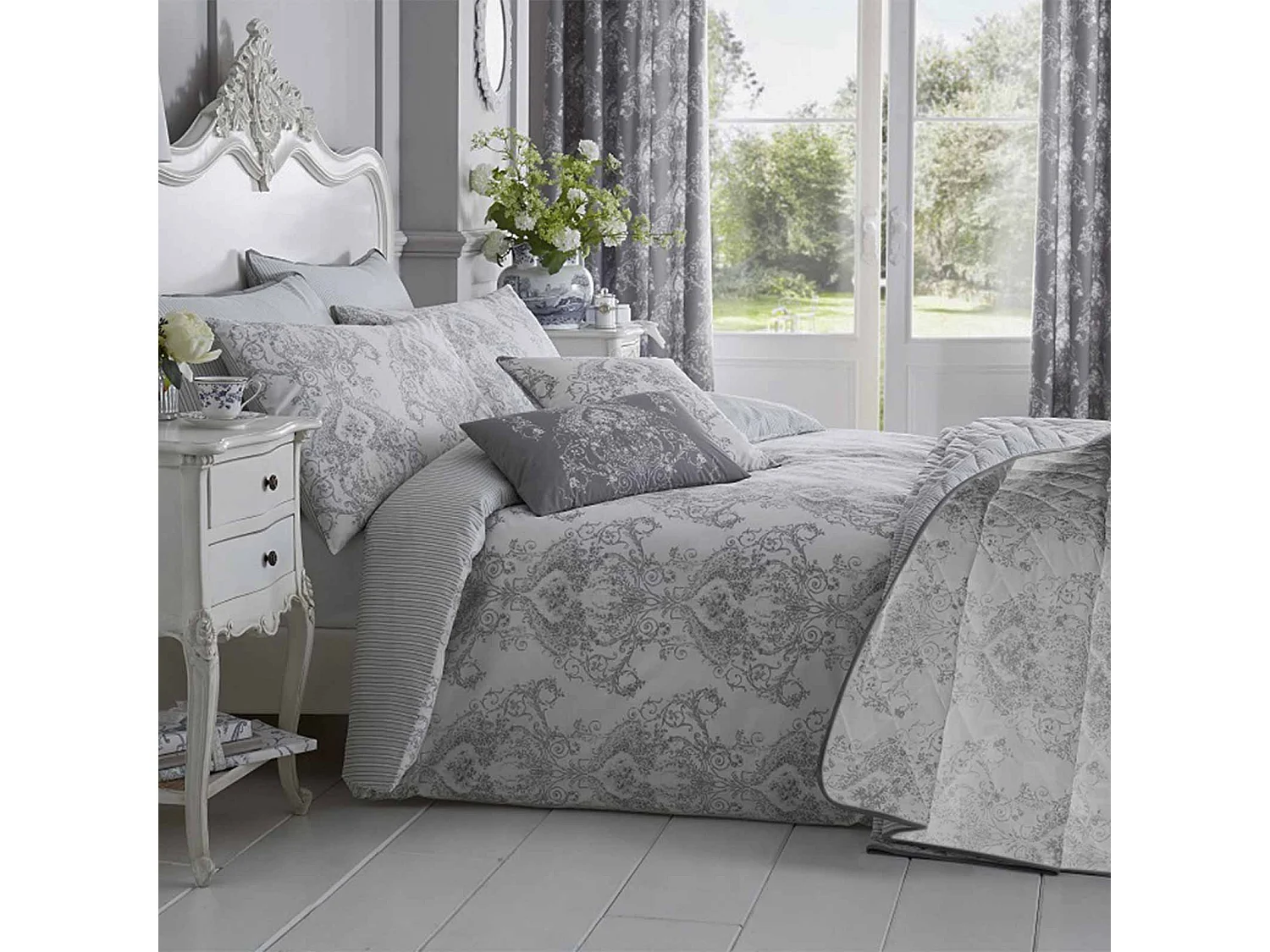 Homescapes Grey French Toile Patterned Duvet Cover Set, King