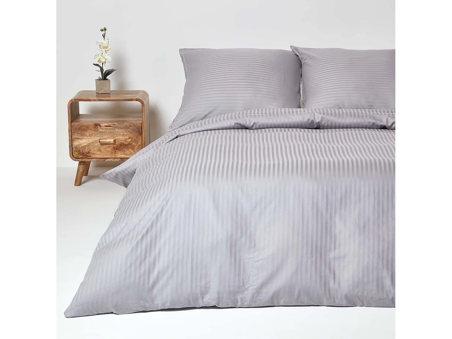 Parure de lit satin rayé en coton égyptien 330 fils gris, 155x220cm - HOMESCAPES