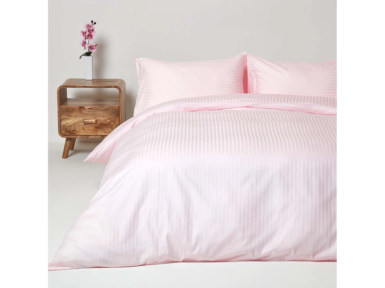 Parure de lit satin rayé en coton égyptien 330 fils rose, 135x200cm - HOMESCAPES