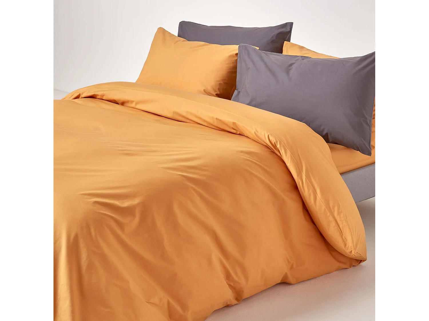 Parure de lit 100% coton égyptien 200 fils jaune moutarde, 260x220cm - HOMESCAPES