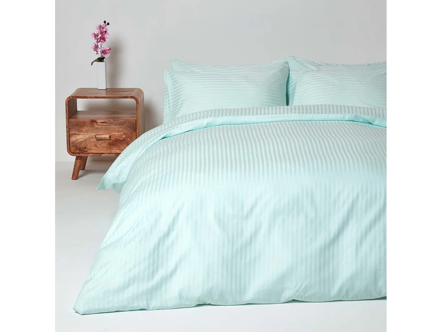 Parure de lit satin rayé en coton égyptien 330 fils bleu, 260x220cm - HOMESCAPES