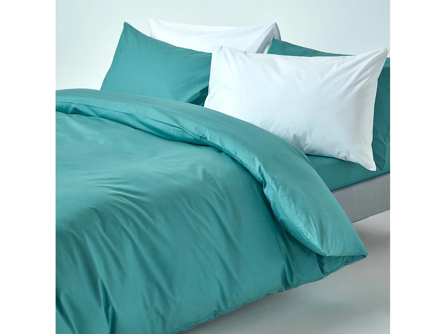Parure de lit 100% coton égyptien 200 fils bleu canard, 200x200cm - HOMESCAPES