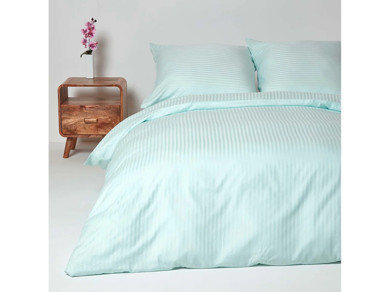Parure de lit satin rayé en coton égyptien 330 fils bleu, 240x220cm - HOMESCAPES