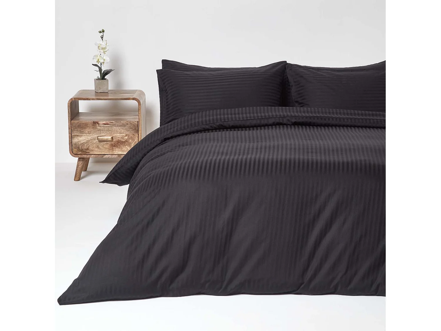 Parure de lit satin rayé en coton égyptien 330 fils noir, 135x200cm - HOMESCAPES