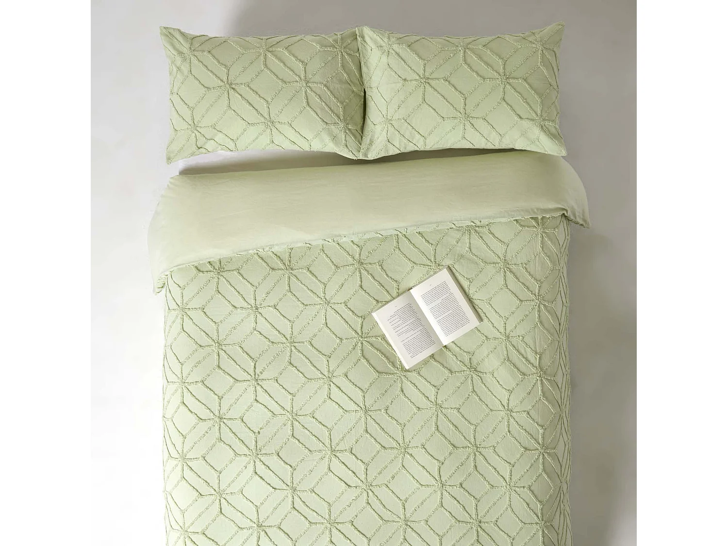 Homescapes Sage Green Diamond Cotton Tufted Duvet Cover Set, King