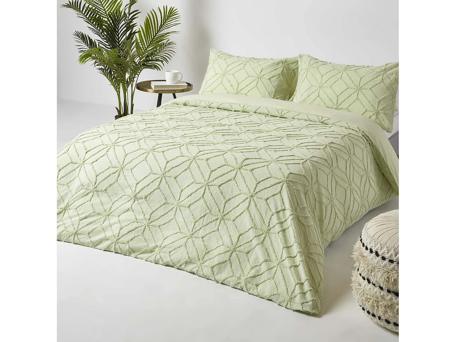 Homescapes Sage Green Diamond Cotton Tufted Duvet Cover Set, King